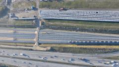 Køge Nord Stations svelledepot med 20.000 sveller set fra luften