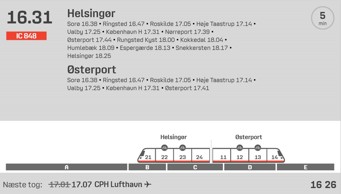 Eksempel på perronskærm i nyt design. Perronskærmen viser hvor på perronen, toget holder