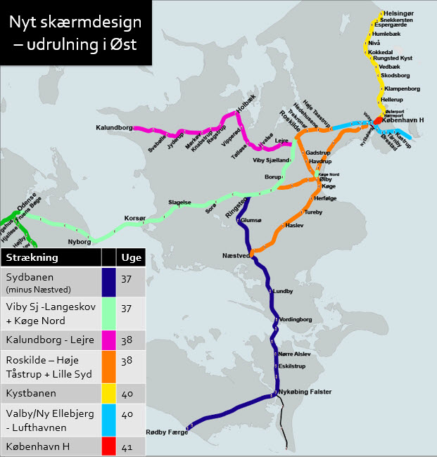 Kort, der viser planen for udrulning af det nye skærmdesign i Østdanmark