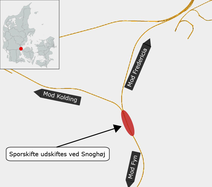 Grafik, der viser hvor sporskiftet ved Snoghøj ligger