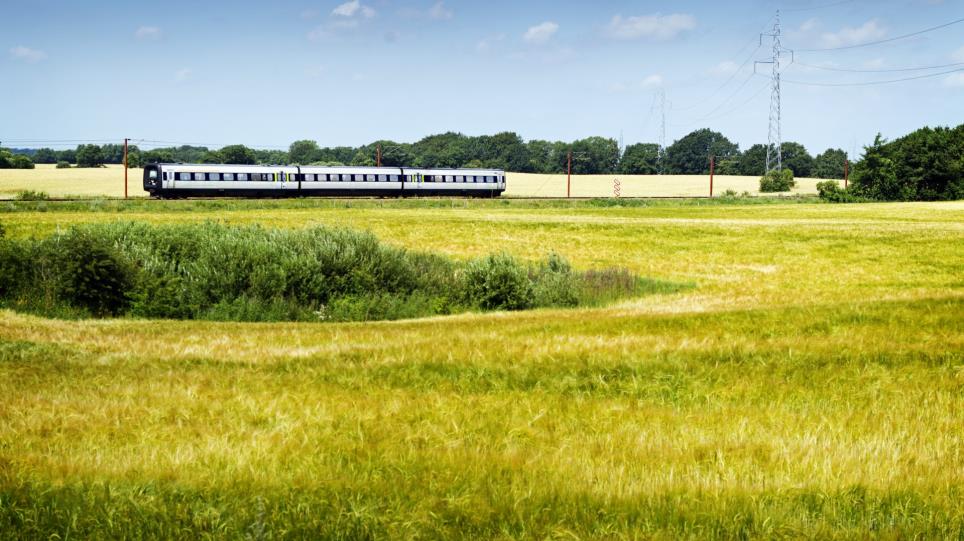udsigt til et tog henover en hvedemark