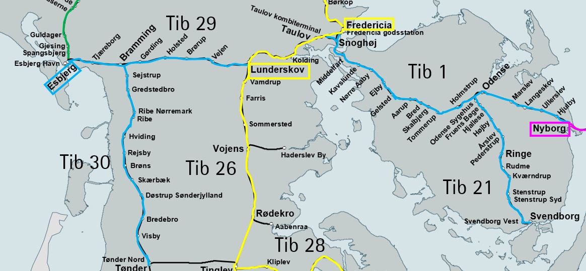 Dette billede viser, hvilke stationer og strækninger den lokale planlægger på Fyn og Sydvestjylland dækker